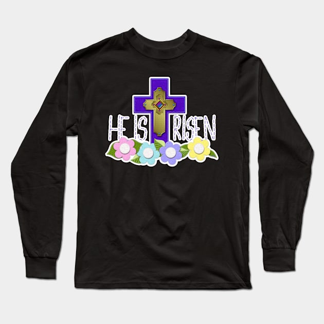 Purple Cross HE IS RISEN Felt Look Flowers by Cherie(c)2021 Long Sleeve T-Shirt by CheriesArt